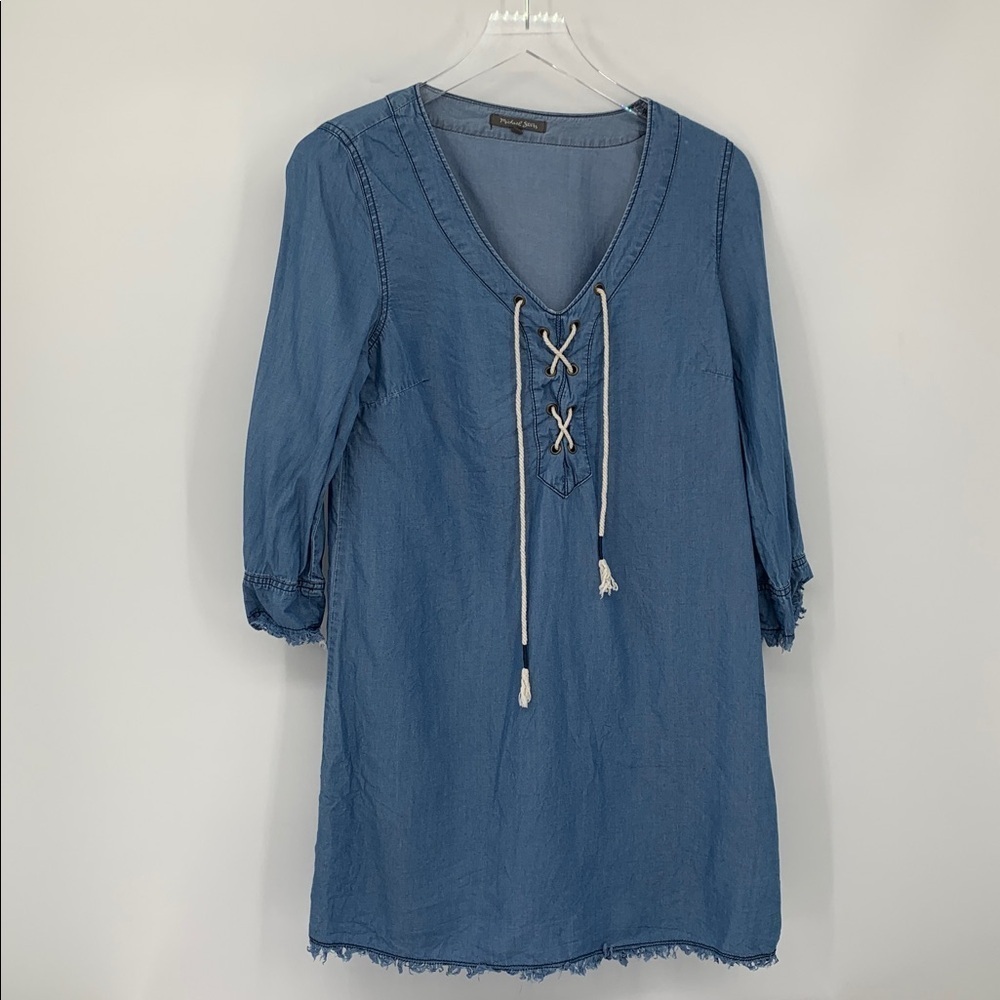 Michael Stars Tunic chambray dress blue Pirate lace-up raw hem denim mini Small